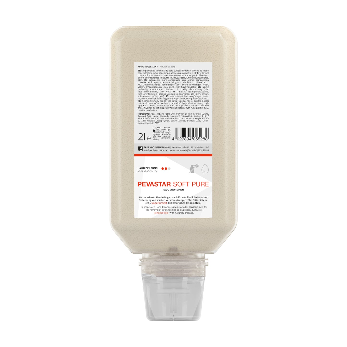 Pevastar SOFT PURE - Concentrated hand cleaner with natural abrasives from walnut shell flour - unscented - suitable for sensitive skin, soft bottle