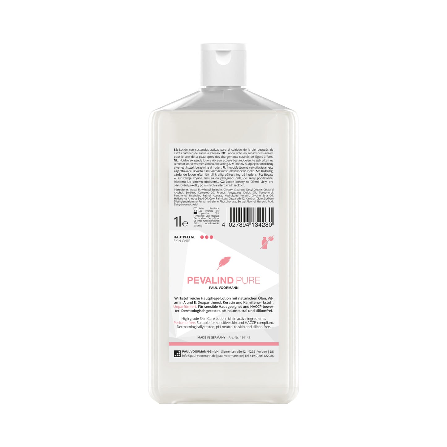 Pevalind PURE Hautpflege Wirkstoffreiche, hochwertige Hautpflege-Lotion – unparfümiert 1 L Flasche