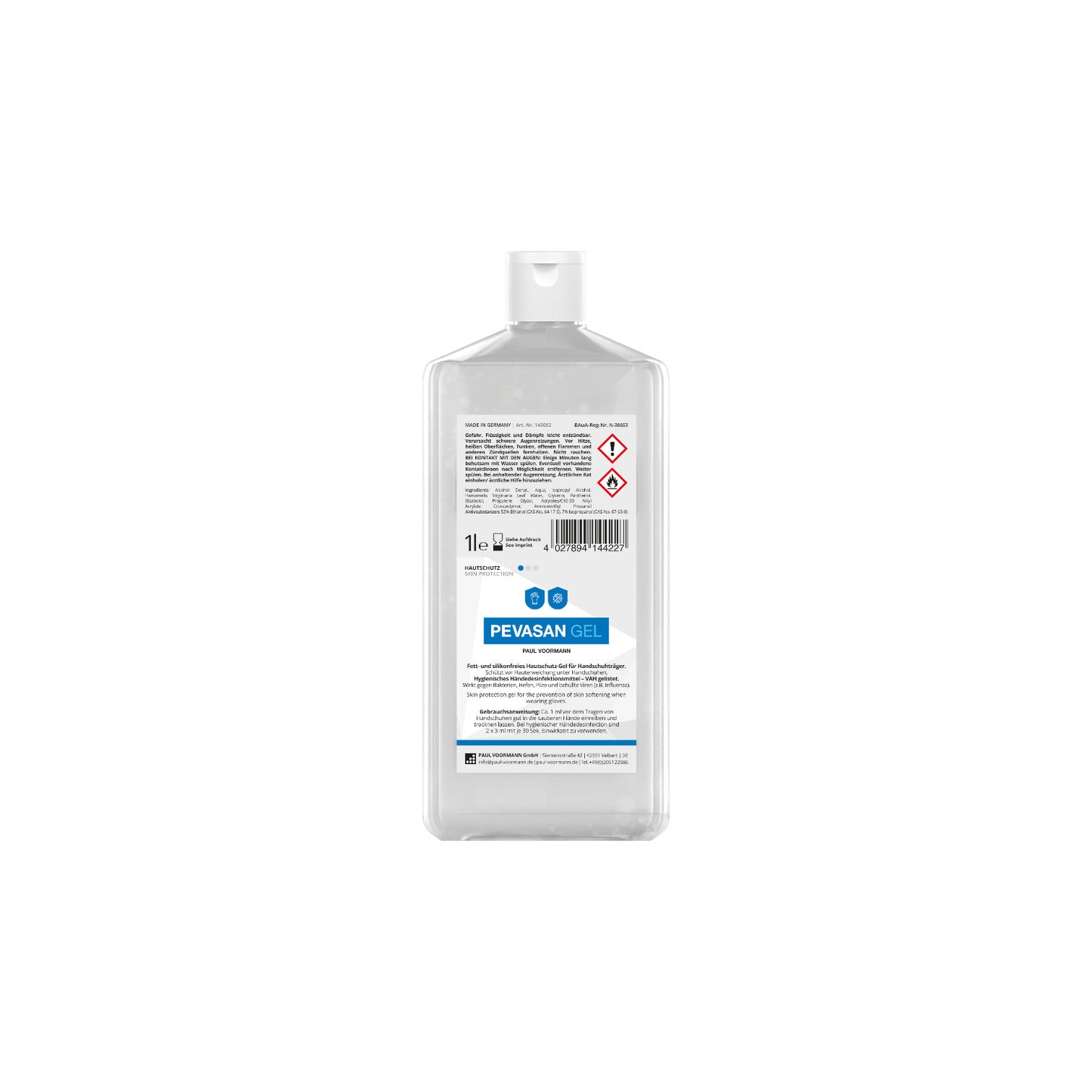 Pevasan Gel Skin Protection Bottle 1L Hygienic hand disinfectant (VAH-listed) and skin protection gel unscented