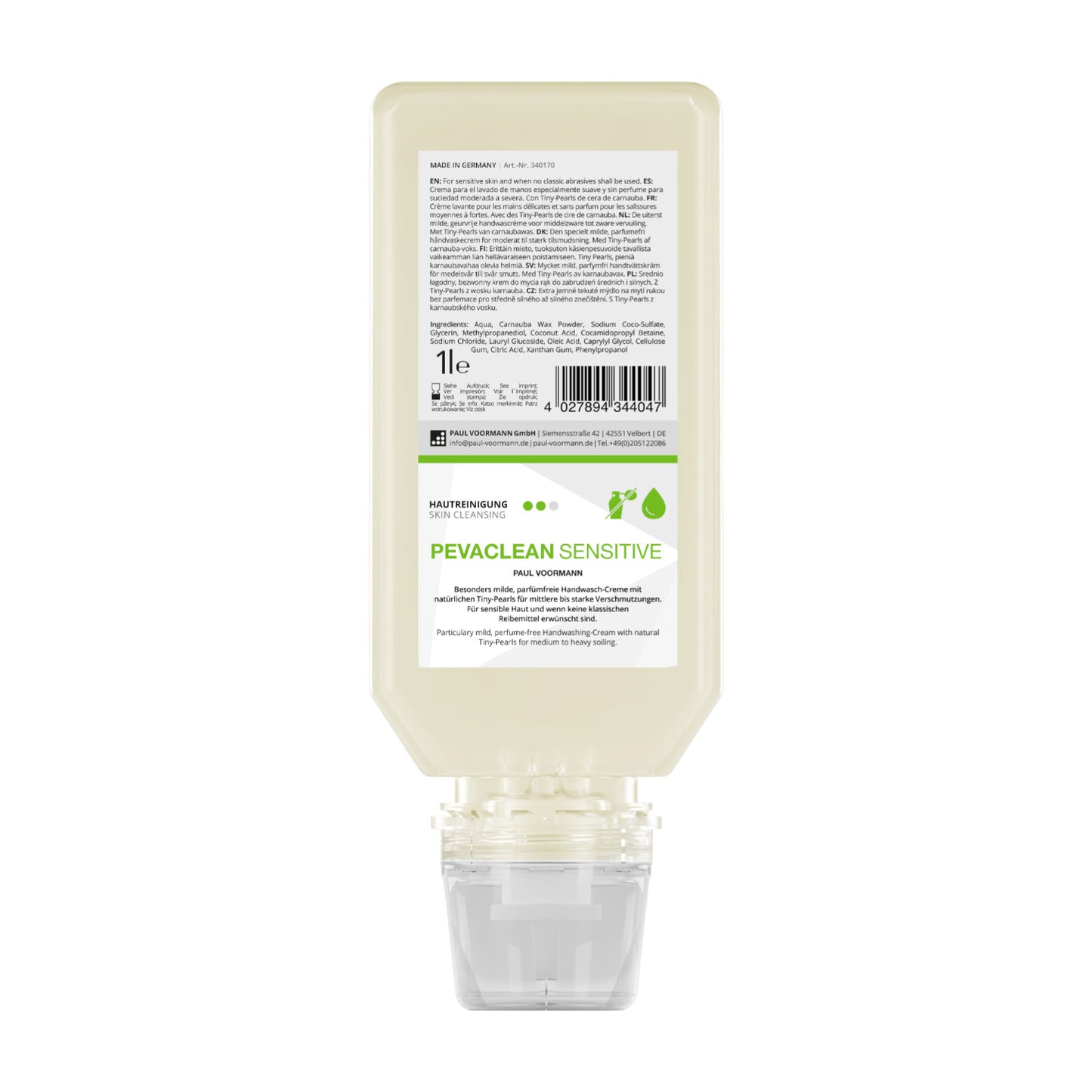 Pevaclean Sensitive Hautreinigung Softflasche 1L Besonders milde, parfümfreie Hand- Wasch-Creme – Mit Tiny Pearls – Für sensible Haut