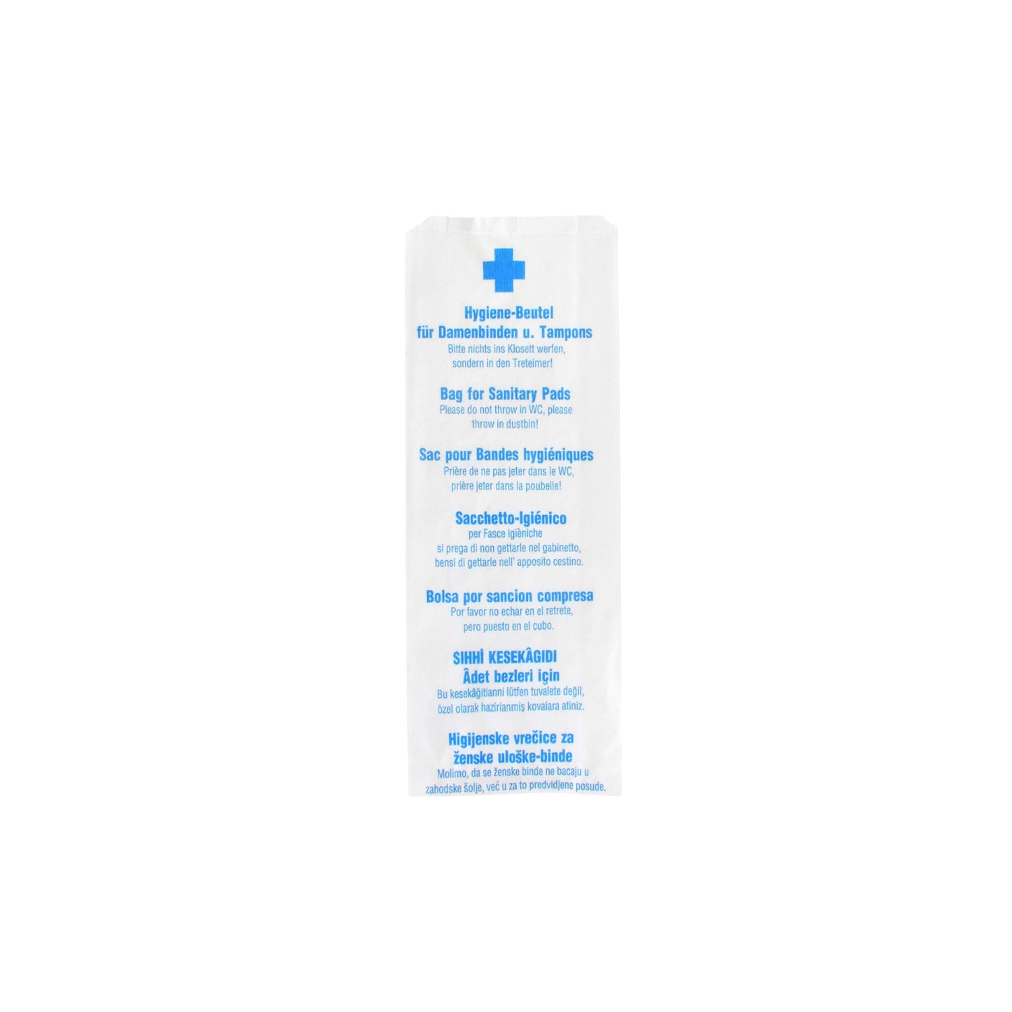 Hygiene paper bags, white, printed in 7 languages, 100 pieces