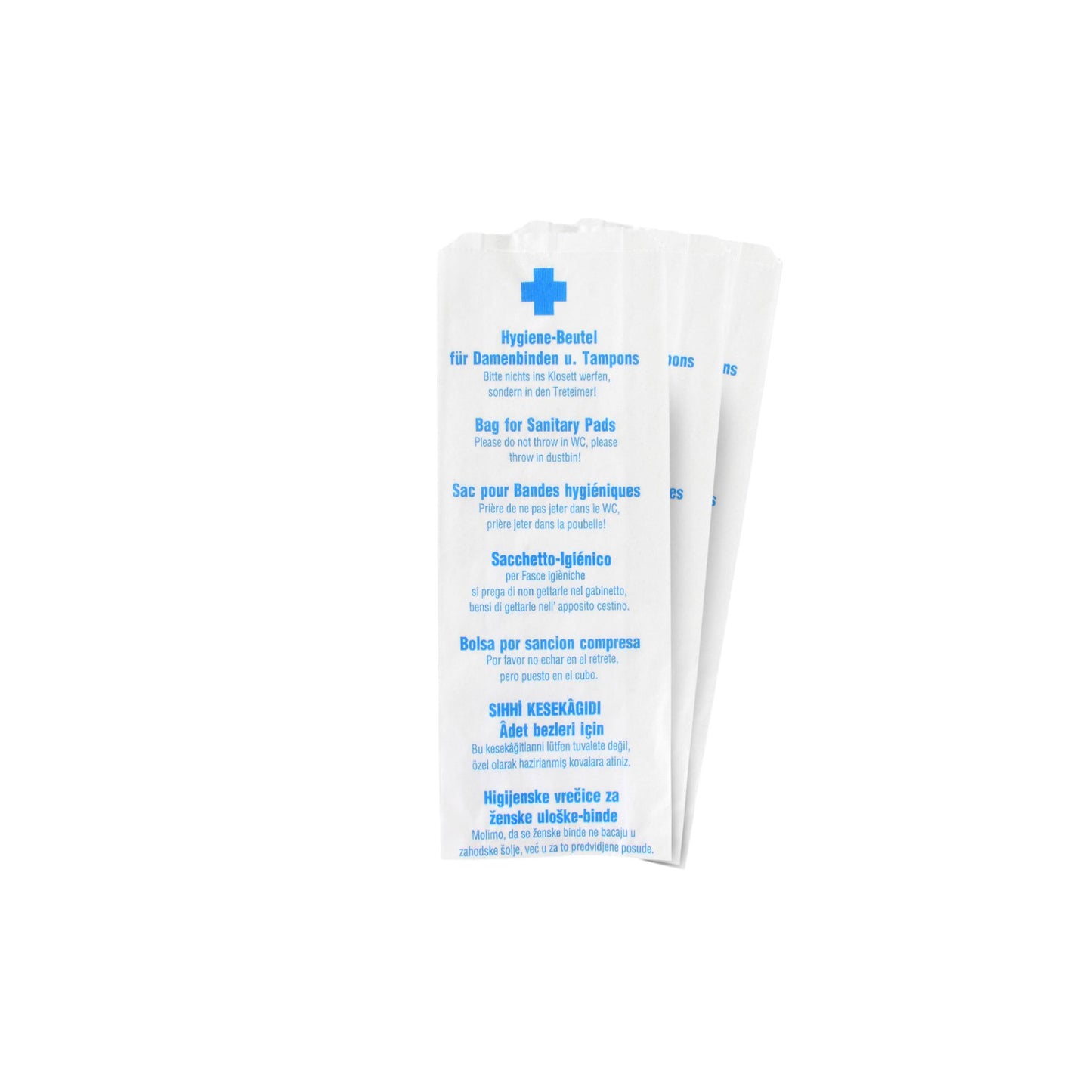 Hygiene paper bags, white, printed in 7 languages, 100 pieces