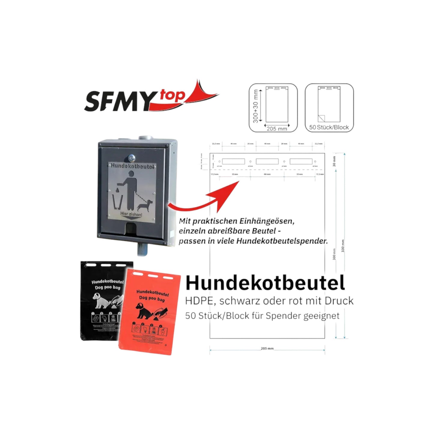 HDPE Hundekotbeutel, rot, mit schwarzem Druck, 205x300+30mm, 50 Stück je Block, 2.000 Stück im Karton