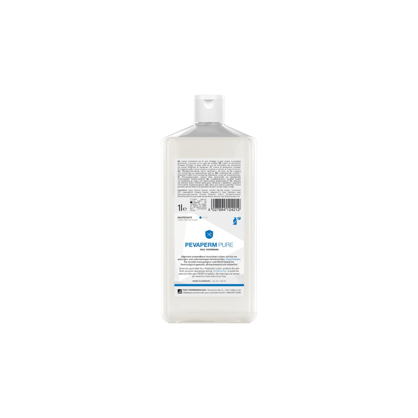 Pevaperm PURE Skin Protection Bottle 1L For protection against aqueous and non-aqueous working materials – unscented