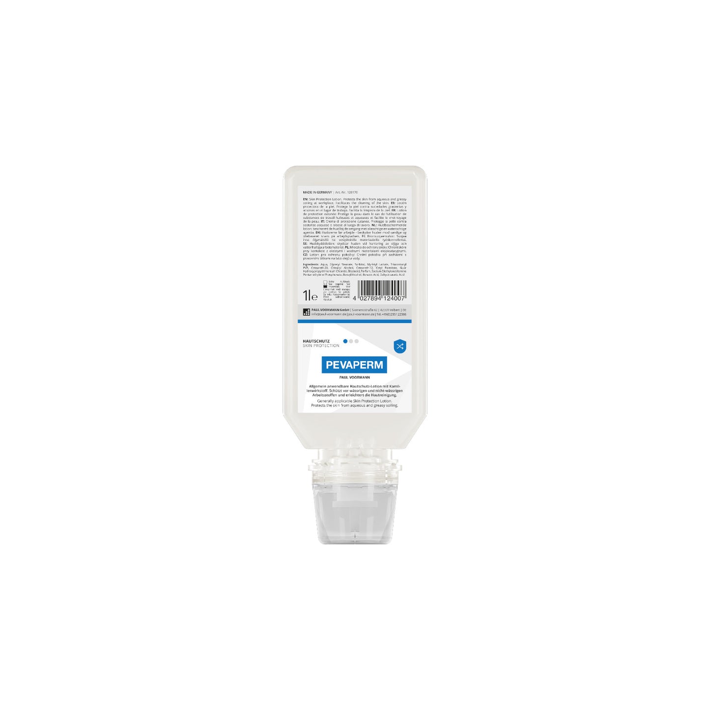 Pevaperm PURE Skin Protection Soft Bottle 1L For protection against aqueous and non-aqueous working materials – unscented
