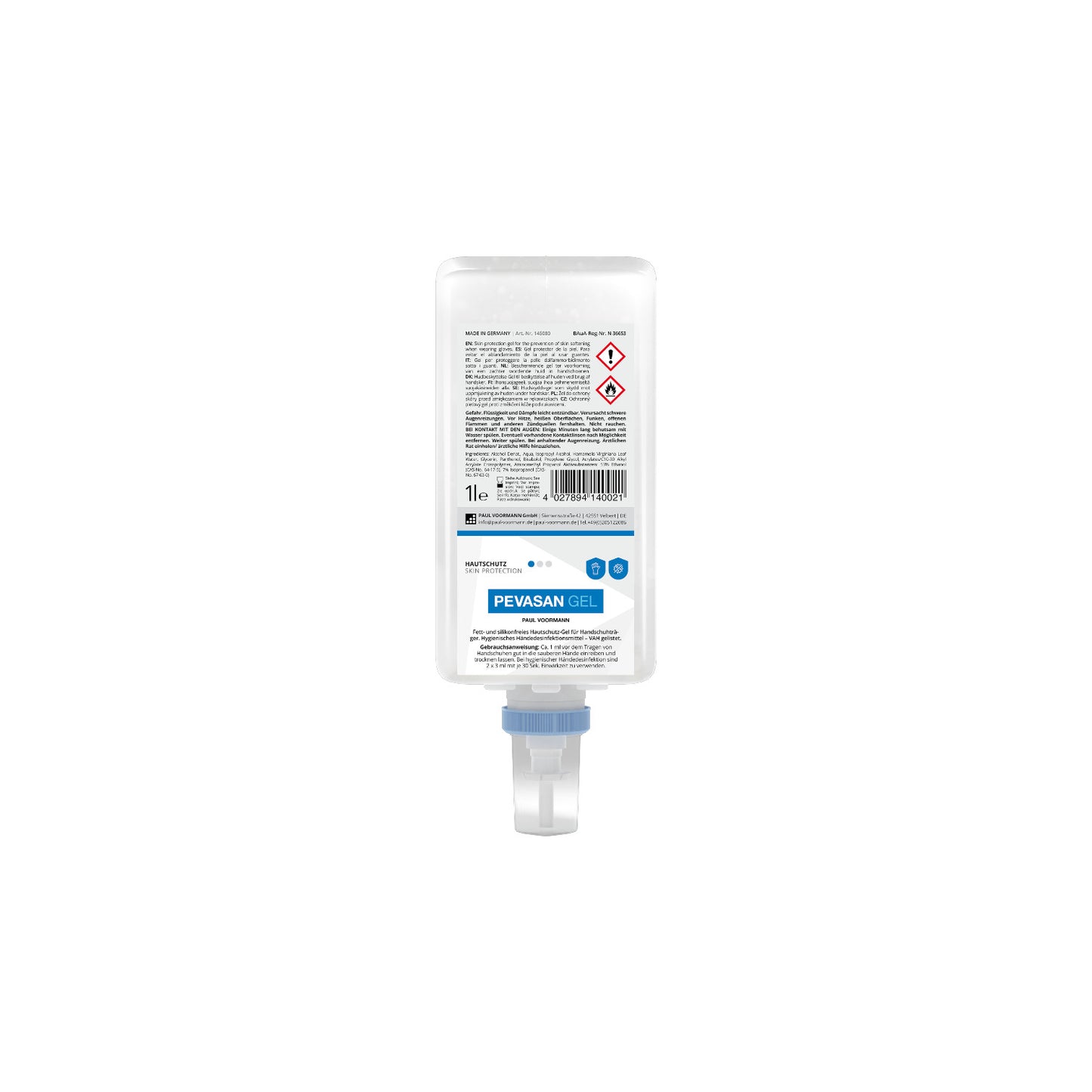Pevasan Gel Skin Protection Care&amp;Clean Bottle 1L Hygienic hand disinfectant (VAH-listed) and skin protection gel unscented