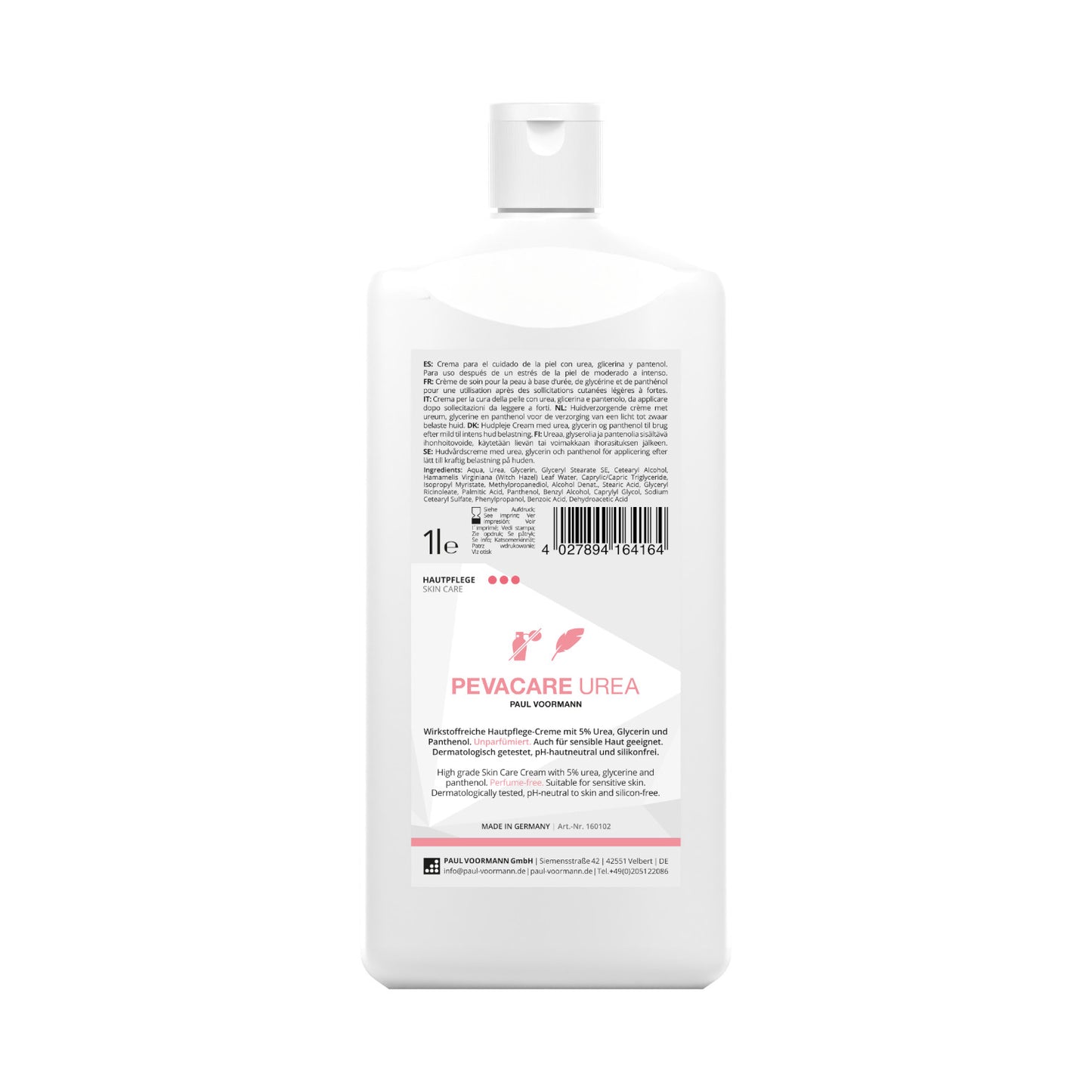 Pevacare Urea Hautpflege - Wirkstoffreiche, hochwertige Hautpflege-Creme mit 5% Urea Hartflasche 1L