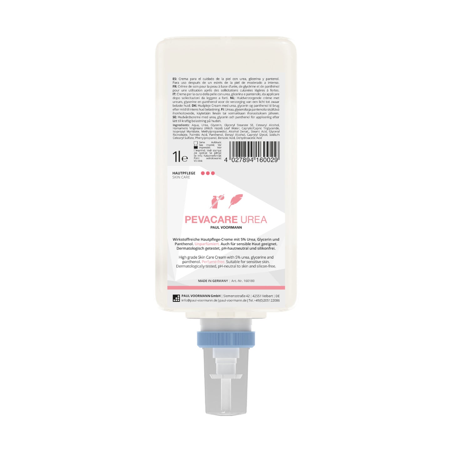 Pevacare Urea Hautpflege - Wirkstoffreiche, hochwertige Hautpflege-Creme mit 5% Urea Clean&Care Flasche 1L