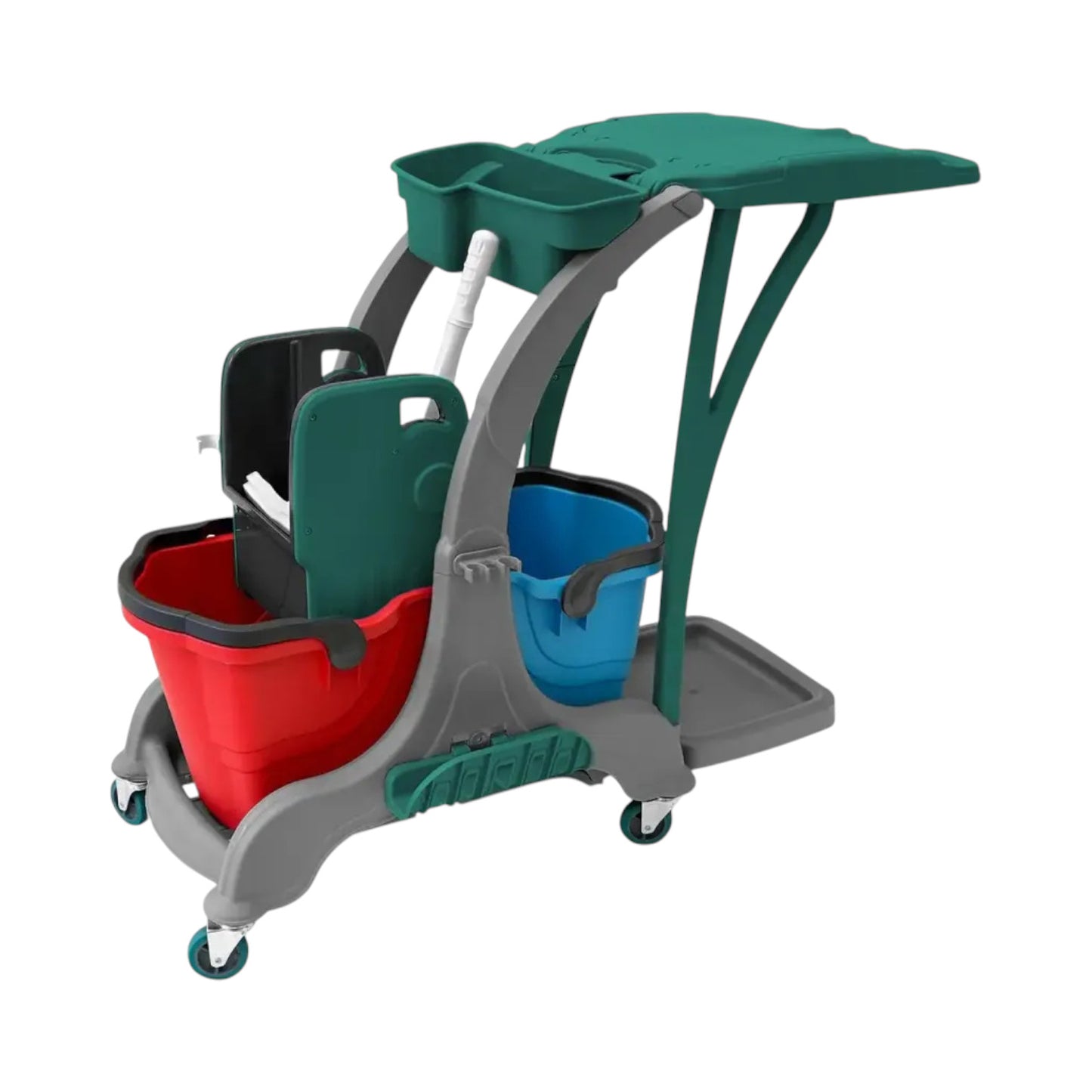 Doppelfahrwagen mit 2 x 25 l Eimer, Mopp-Presse, Utensilbehälter, Müllsackhalterung, Mopphalter + Ablage