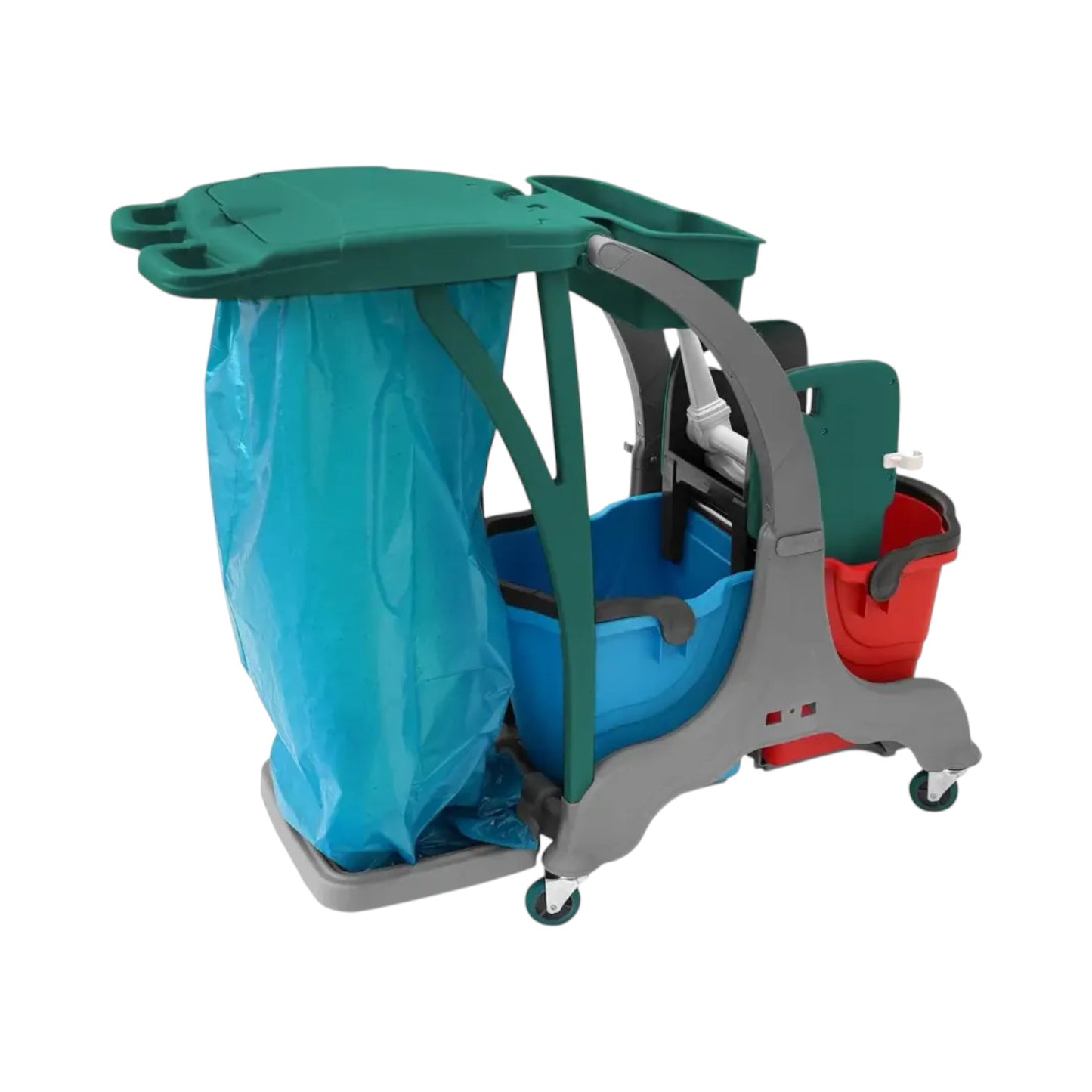 Doppelfahrwagen mit 2 x 25 l Eimer, Mopp-Presse, Utensilbehälter, Müllsackhalterung, Mopphalter + Ablage