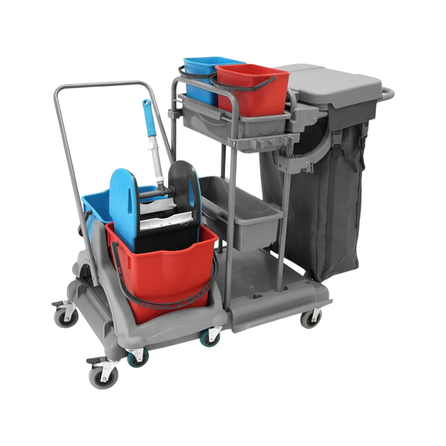 Reinigungswagen 2x5l mit Doppelfahrwagen 2x18l Eimer, Mopp-Presse, Mopp-Halterung, Utensilbehälter und 100l Leinentasche