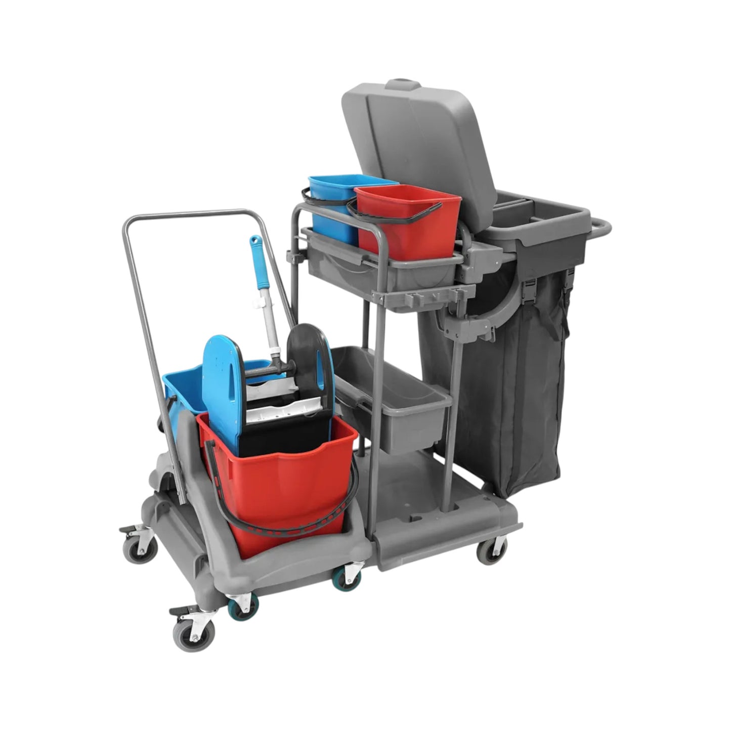 Reinigungswagen 2x5l mit Doppelfahrwagen 2x18l Eimer, Mopp-Presse, Mopp-Halterung, Utensilbehälter und 100l Leinentasche