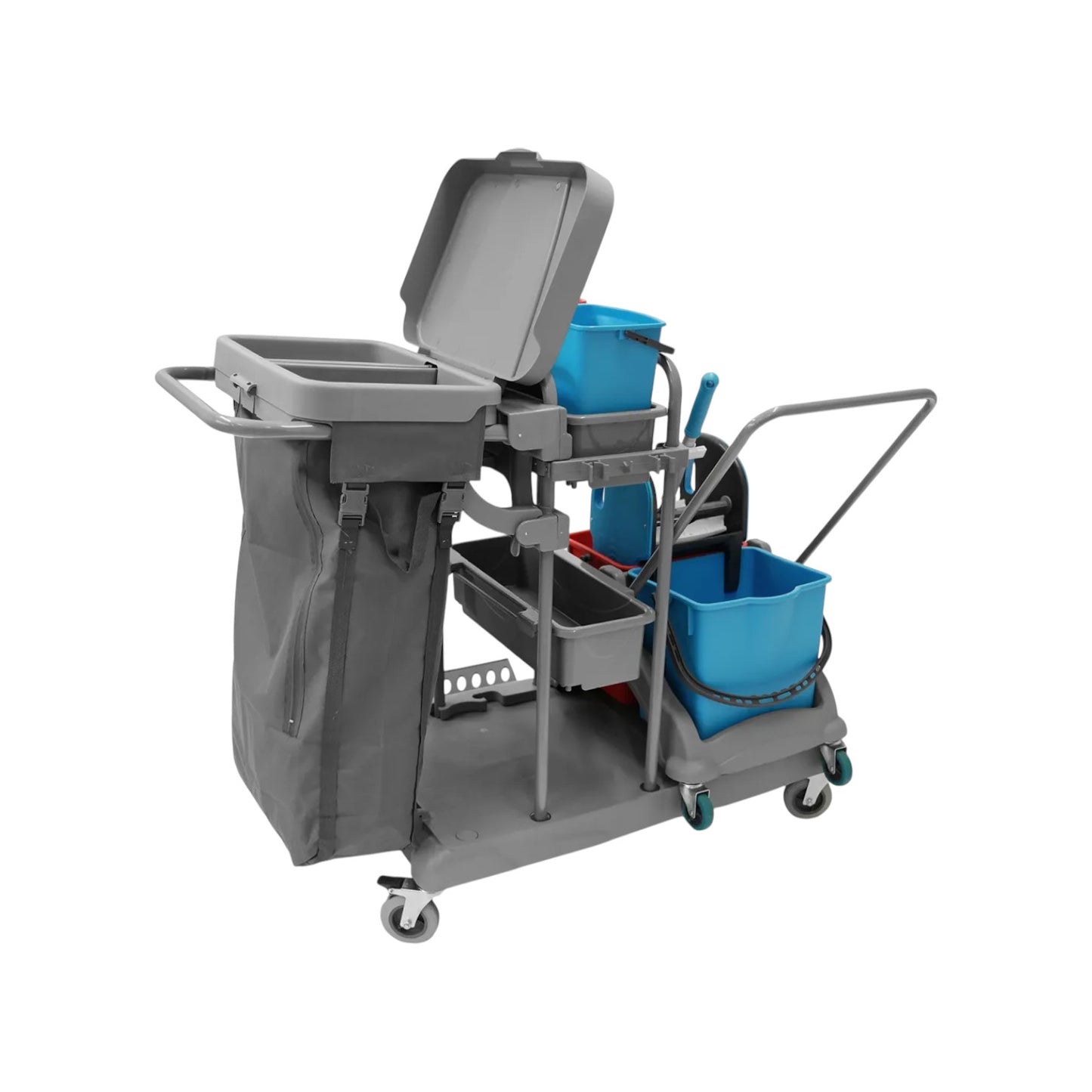 Reinigungswagen 2x5l mit Doppelfahrwagen 2x18l Eimer, Mopp-Presse, Mopp-Halterung, Utensilbehälter und 100l Leinentasche