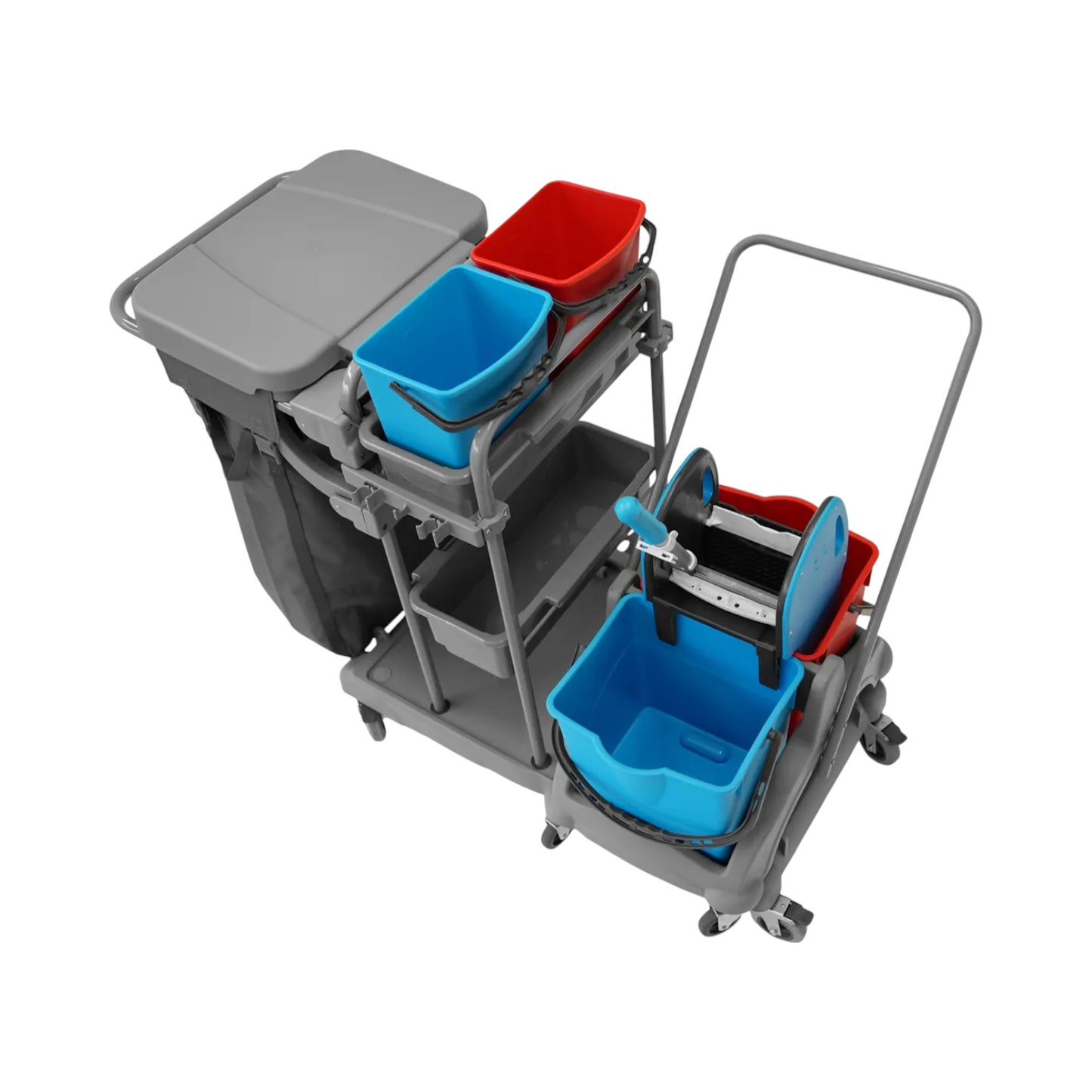 Reinigungswagen 2x5l mit Doppelfahrwagen 2x18l Eimer, Mopp-Presse, Mopp-Halterung, Utensilbehälter und 100l Leinentasche