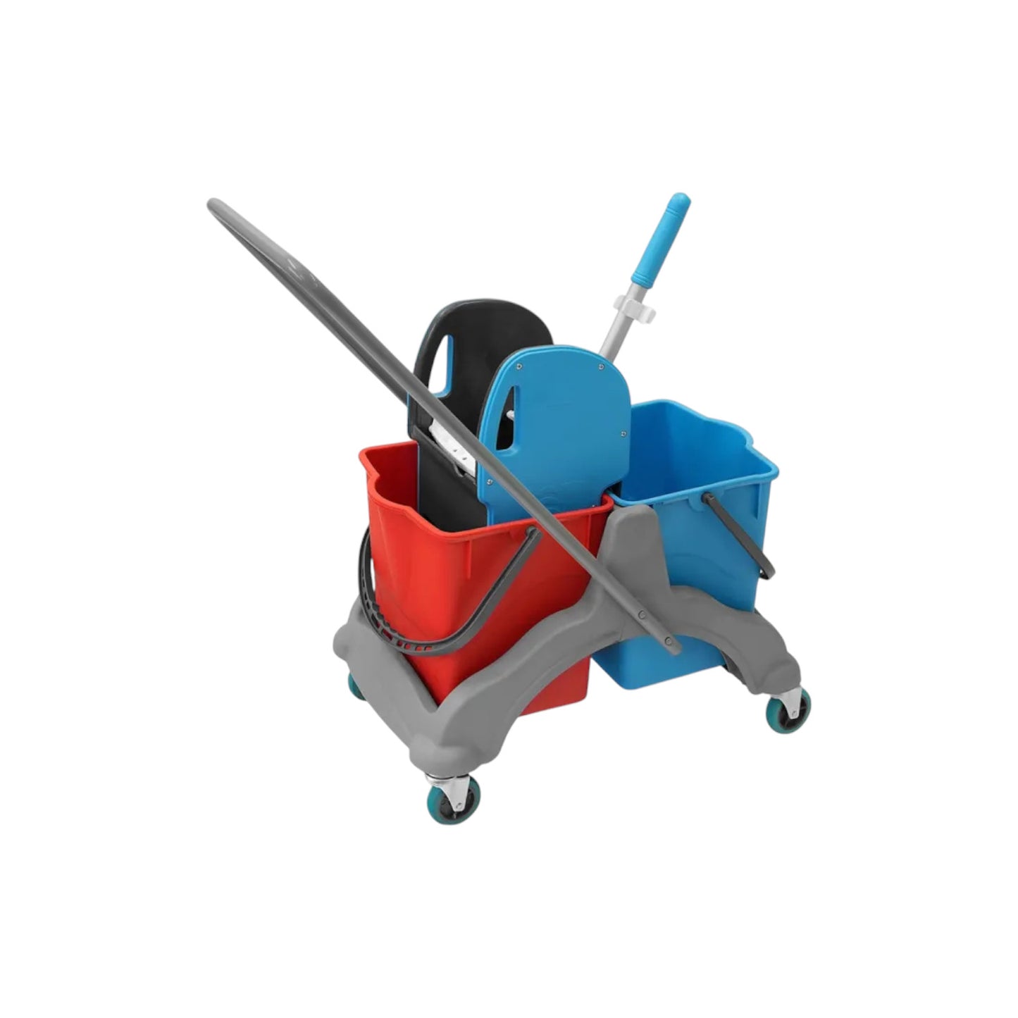 Reinigungswagen 2x5l mit Doppelfahrwagen 2x18l Eimer, Mopp-Presse, Mopp-Halterung, Utensilbehälter und 100l Leinentasche