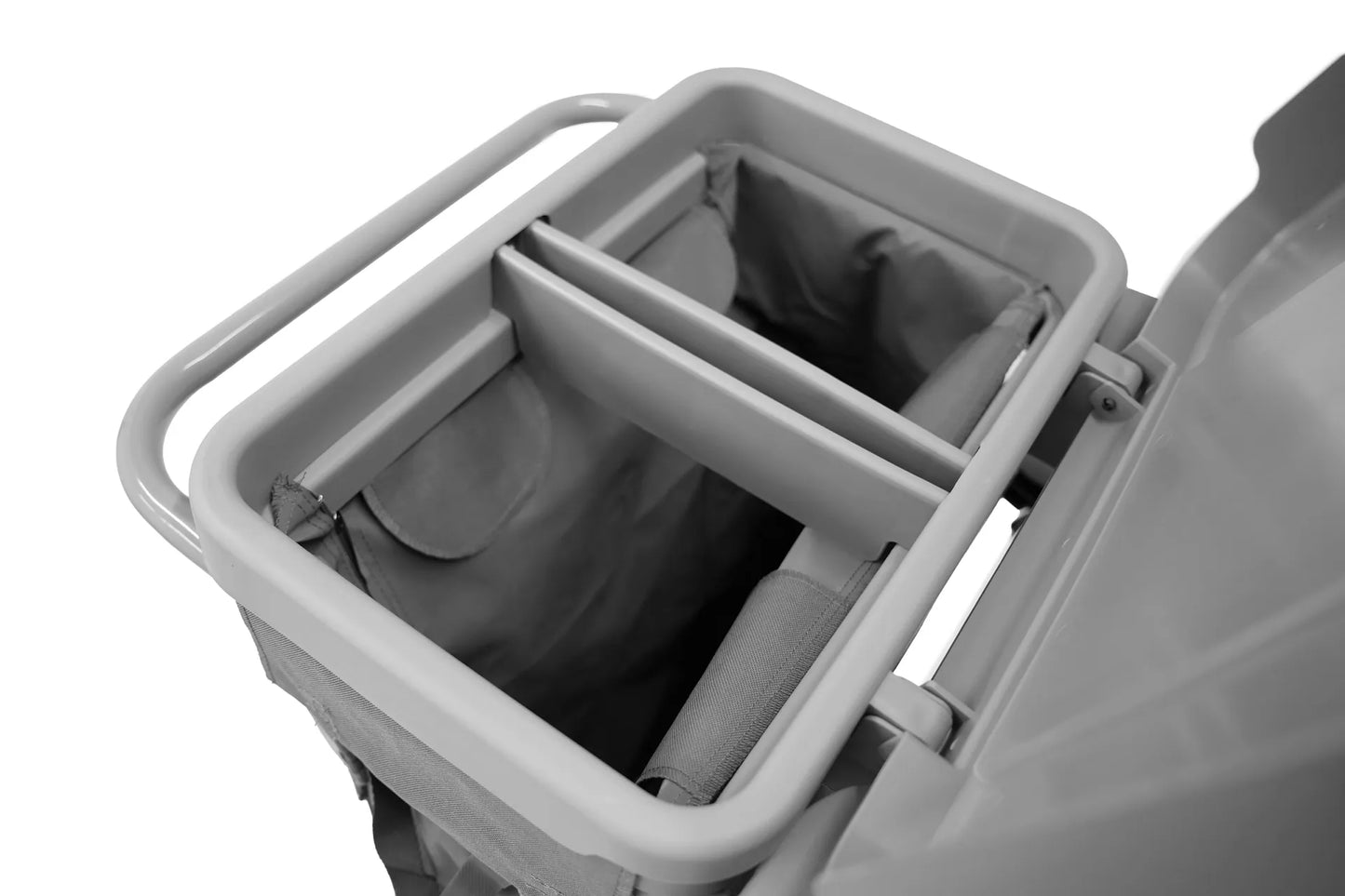 Reinigungswagen 2x5l mit Doppelfahrwagen 2x18l Eimer, Mopp-Presse, Mopp-Halterung, Utensilbehälter und 100l Leinentasche