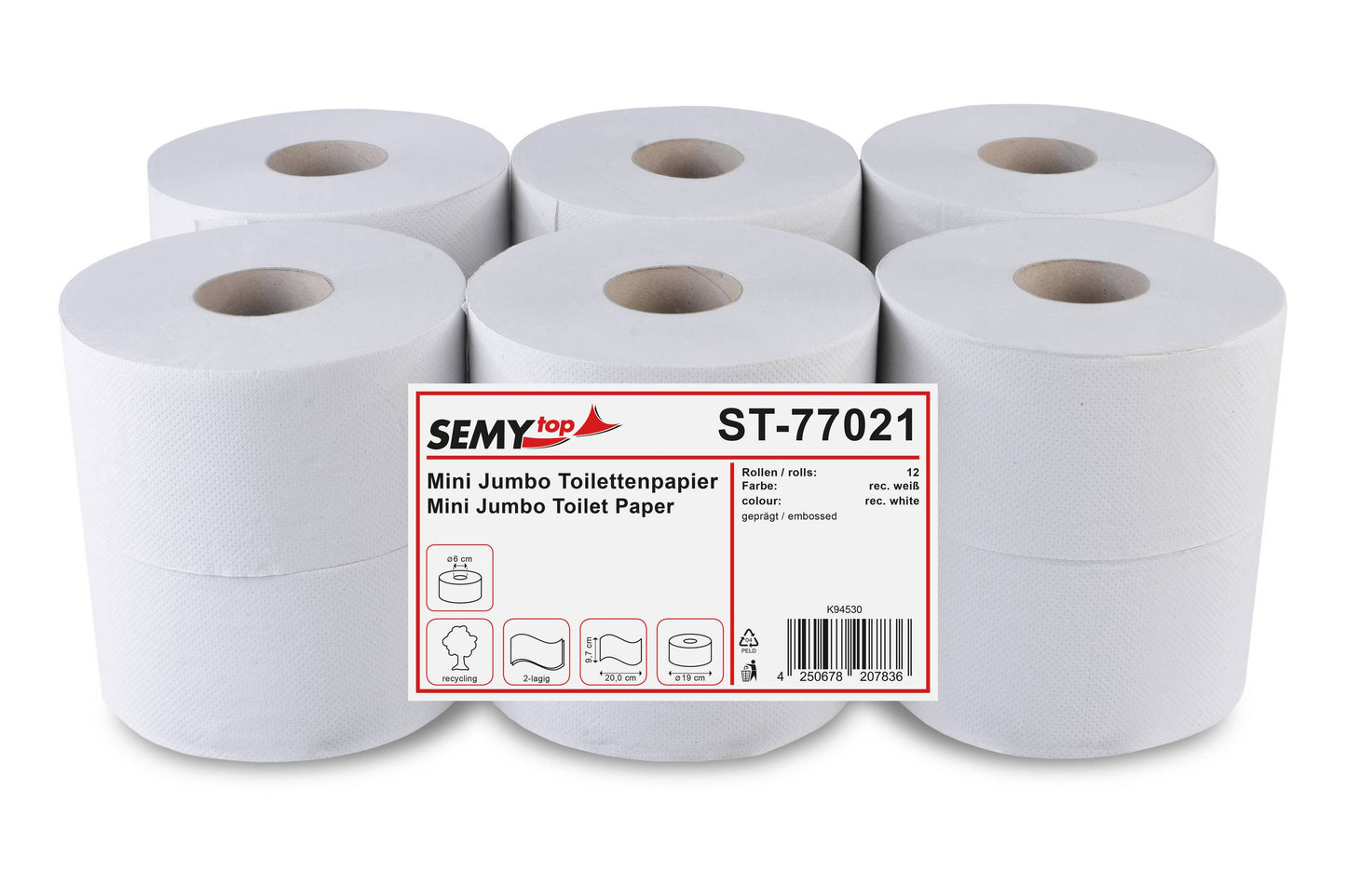 SemyTop Jumbo-Toilettenpapier, 2-lagig, recycling weiß, Ø 19 cm, 12 Rollen