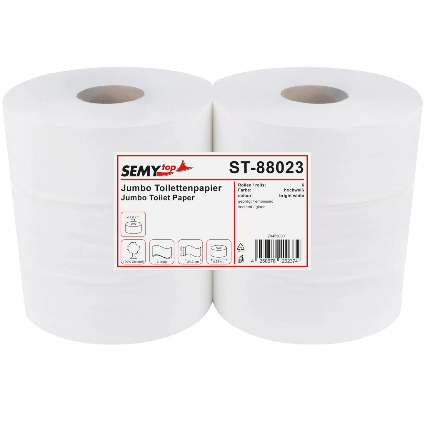 Jumbo-Toilettenpapier, 2-lagig, Zellstoff weiß, Ø 28 cm, 6 Rollen