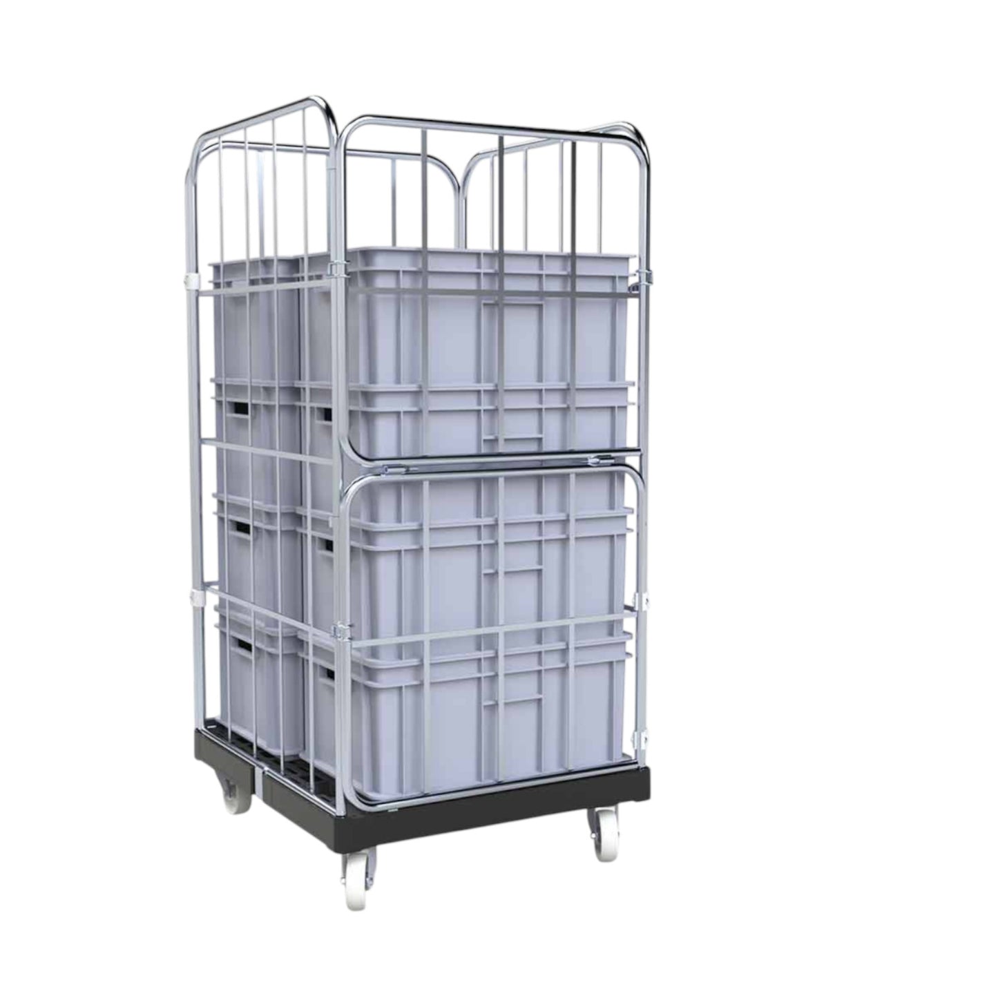 Rollbehälter "BASICline", 724 x 815 mm, 4-seitig, ø 20 mm, 2-teilige Vorderwand, Cr 3 blau verzinkt