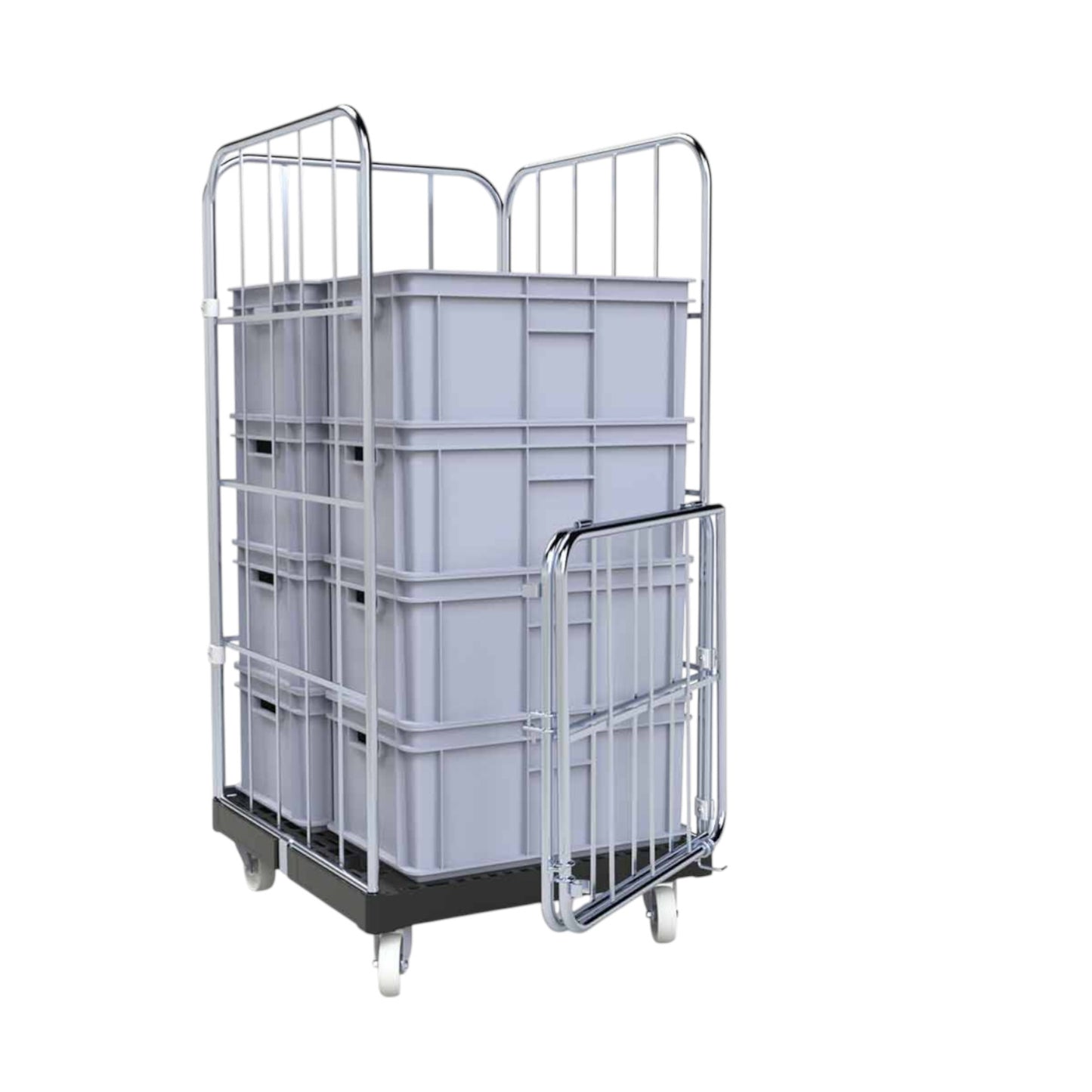 Rollbehälter "BASICline", 724 x 815 mm, 4-seitig, ø 20 mm, 2-teilige Vorderwand, Cr 3 blau verzinkt