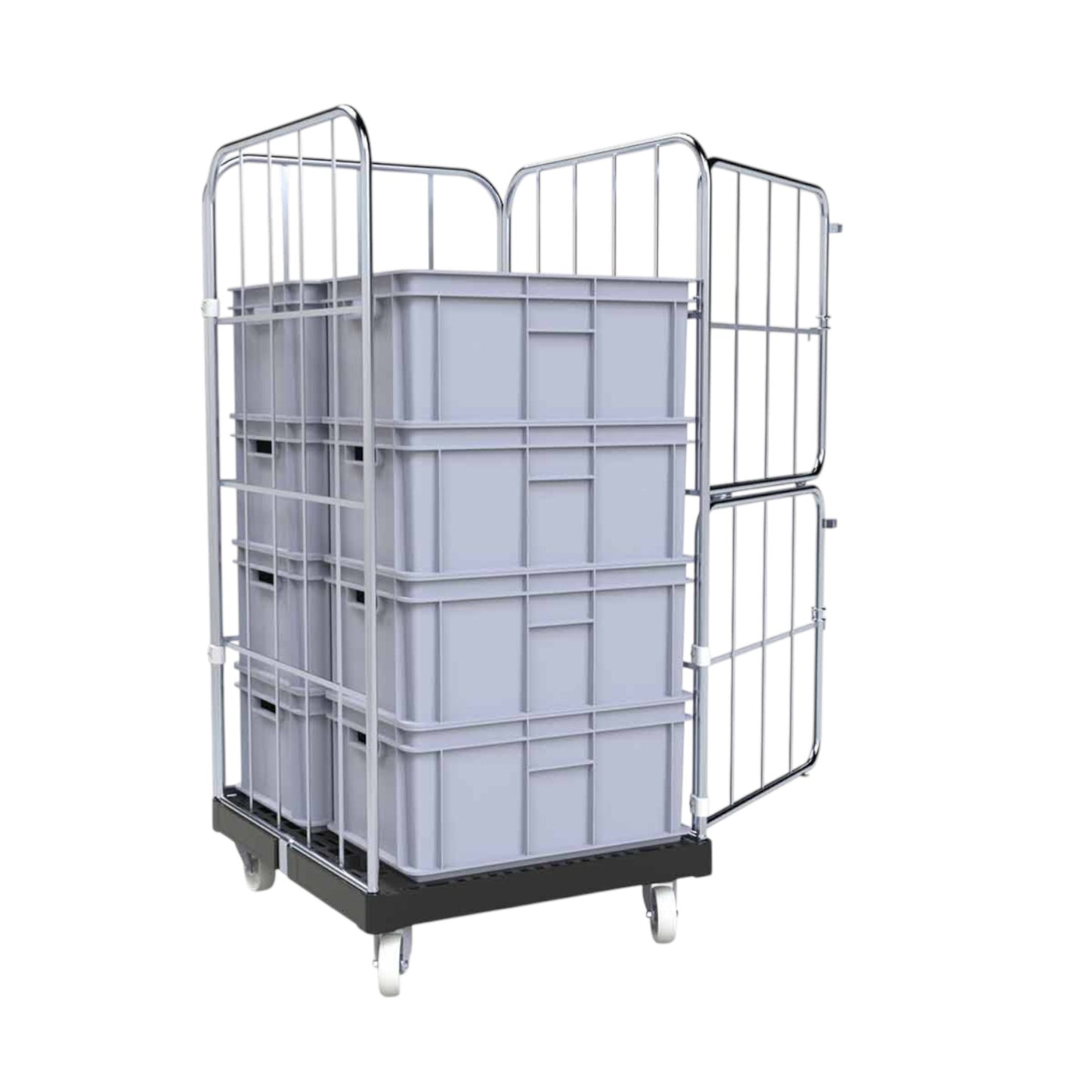 Rollbehälter "BASICline", 724 x 815 mm, 4-seitig, ø 20 mm, 2-teilige Vorderwand, Cr 3 blau verzinkt