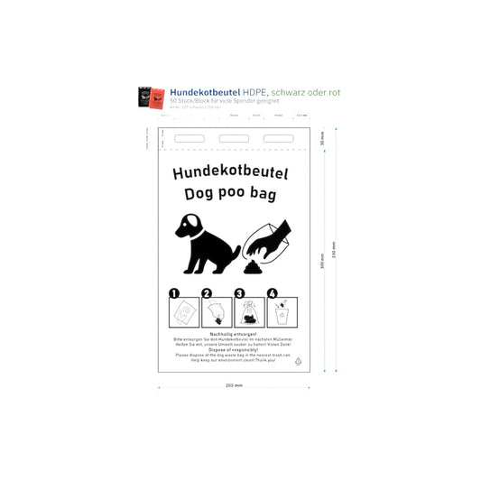 HDPE Hundekotbeutel, rot, mit schwarzem Druck, 205x300+30mm, 50 Stück je Block, 2.000 Stück im Karton